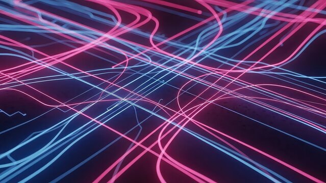Neon pink and blue light trails on dark background with abstract glowing lines - Powered by Adobe