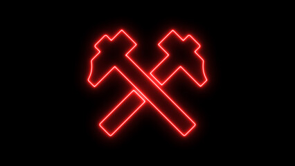 Red Neon Crossed Hammers Icon on Black Background image