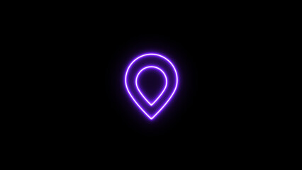 Purple neon location pin icon on black background map marker