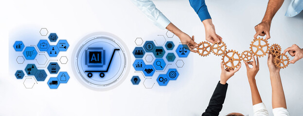 A diverse team collaborates on integrating artificial intelligence into e-commerce strategies using gears and digital icons, symbolizing innovation and teamwork in business decisions. Trope