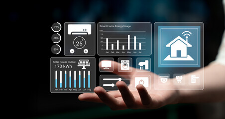 A futuristic smart home energy dashboard displaying solar power data and energy usage metrics. This interactive interface illustrates how technology enhances home management. Gantry
