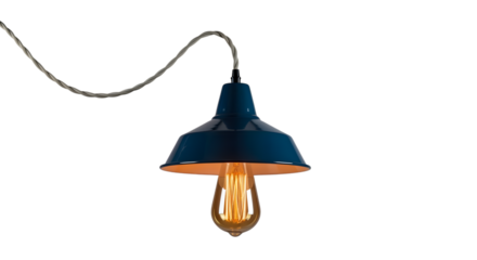 Blue pendant light isolated on transparent background with vintage style bulb