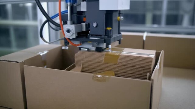 Automated packaging machine placing a product into a cardboard box, close-up view of industrial process