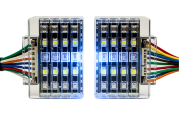 Two illuminated LED light modules with a colorful wire harness on a transparent background