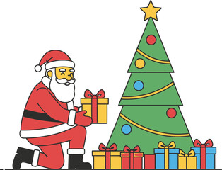 Joyful santa claus kneeling beside a decorated christmas tree holding presents a festive holiday scene of giving and celebration isolated on white background