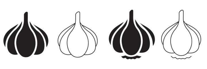 Minimal Garlic Clove Icon Set &ndash; Flat Line and Glyph Style Food Vector Illustration in Black on White