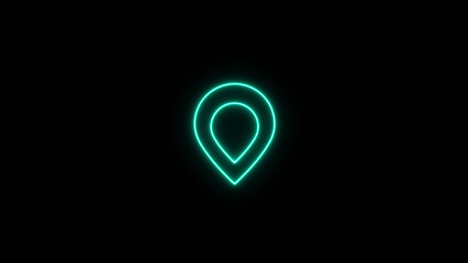 Teal neon location pin icon on black background map marker