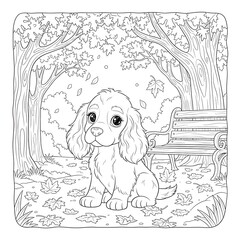 A cute puppy coloring page in a park with trees and leaves.