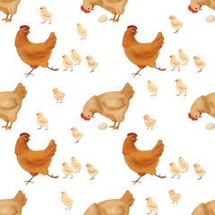 Farm Chicken Seamless Pattern – a cute rustic design featuring hens, chicks, and eggs in warm earthy tones. Perfect for farmhouse décor, kids textiles, packaging, wrapping paper, and country-style 