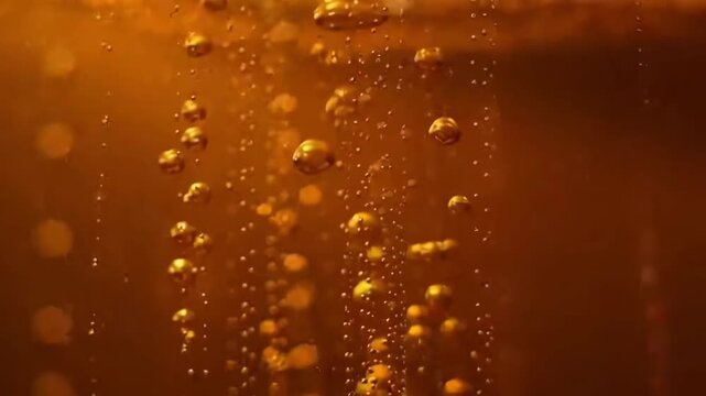 Effervescent bubbles rising in golden liquid with dynamic sparkles