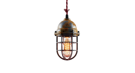 Vintage industrial pendant light isolated on transparent background with caged bulb