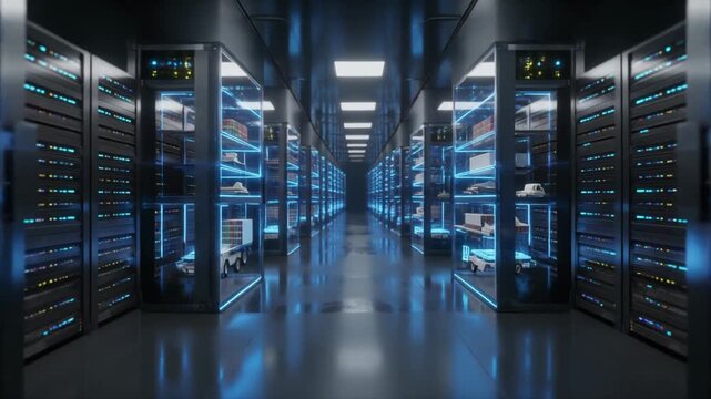 Modern Server Room with Rows of Racks and Blinking Lights, a Futuristic Data Center