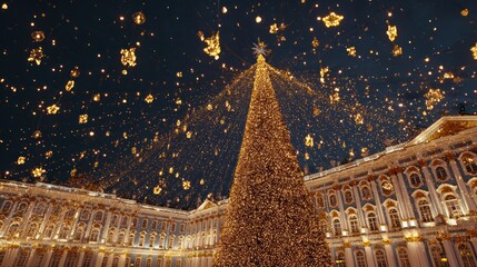 Grand Christmas Tree Illuminated in Festive Urban Plaza with Sparkling Lights and Snowflake Decorations