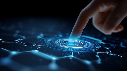 Hand Touching Futuristic Blue Interface with Glowing Circles and Hexagonal Network Connections.