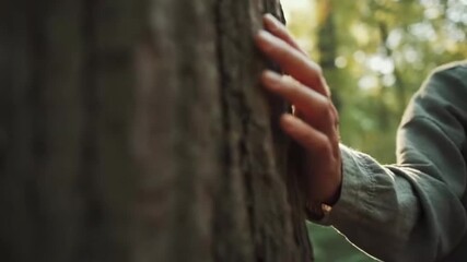 Gentle hand touching tree in tranquil forest, embracing nature's serenity and connection