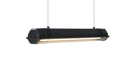 Black industrial pendant light isolated on transparent background is suspended by wires