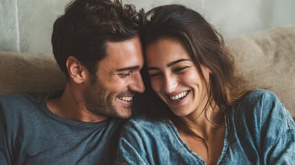 Obraz premium Inseparable Bond of Love: A radiant couple shares a moment of intimate connection, their faces alight with genuine laughter and affection. Capturing the essence of modern love and heartfelt closeness.