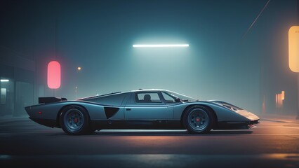 Futuristic Racer in Neon Hues: A sleek, low-profile sports car dominates the scene, its silhouette illuminated by the vibrant glow of neon lights, embodying speed and technological innovation.