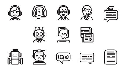 Customer Service and Chatbot Vector Icons Set: AI Support, Communication, and Helpdesk Symbols
