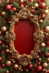Christmas frame with christmas decoration on red background