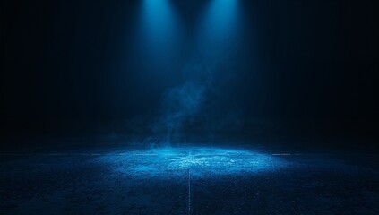 Fototapeta premium Dark empty stage background illuminated by dramatic blue spotlights with rising smoke creating an atmospheric and mysterious performance setting