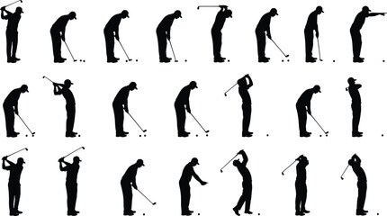 Large vector set of male golfer silhouettes demonstrating the full golf swing sequence, including backswing, downswing, impact, follow-through, and 