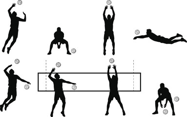 Multiple dynamic silhouette poses of male volleyball players performing actions like spiking, serving, setting, and digging over a net, depicting competitive 