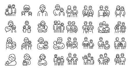 Family line editable icon set. Contain icons related to parenthood, grandparents, children, adoption, and more. Editable stroke. Vector illustration