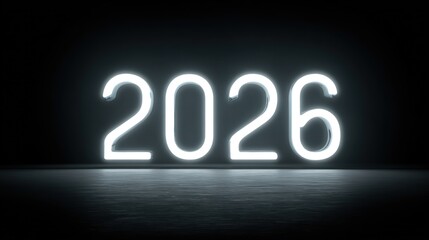 Illuminated Neon Numbers Displaying 2026 in Dark Environment