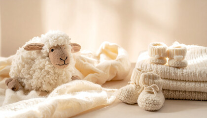 Soft white sheep toy and baby booties with blankets plush stuffed
