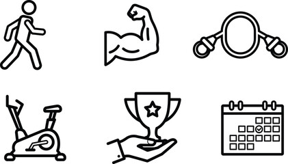 A diverse collection of lineart fitness and wellness icons illustrating physical activity strength achievement and scheduling for a healthy lifestyle