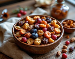 Obraz premium Bowl of dried fruits and nuts, cinematic illustration style, nostalgic peaceful holiday mood, wide composition with white space for copy, HDR clarity sharp detail, no bad hands, no distorted faces