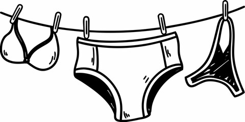 Black and white line art illustration of underwear hanging on a clothesline