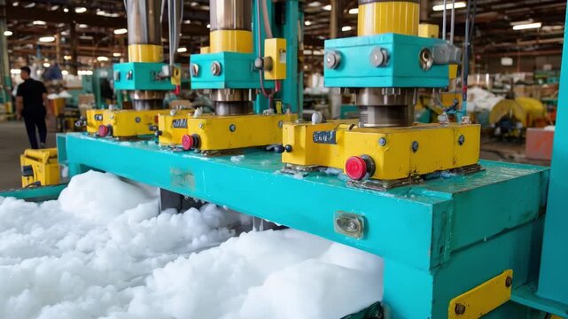 Closeup of an industrial foam compactor crushing foam waste in a factory setting highlighting mechanical pistons and control panels.