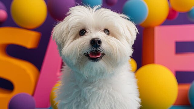 Cute Maltese Dog Sitting with Pastel Cubes and Spheres with Studio Light