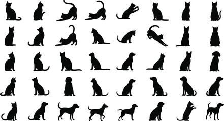 Cat and dog silhouette grid set, black animal posture and gesture icons, pet behavior and species comparison concept illustration