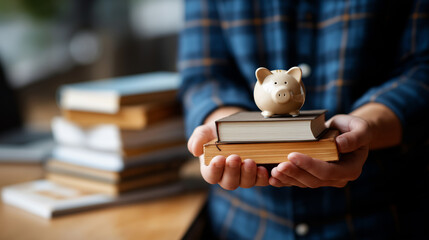 Faceless young man hands meticulously saving money piggy bank surrounded books laptop suggesting financial planning student life management defocused desk surface with copy