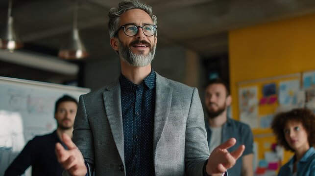 Charismatic Leader Inspiring Team: A seasoned leader, exuding confidence and charisma, addresses a group of attentive colleagues, fostering collaboration and sparking innovation.