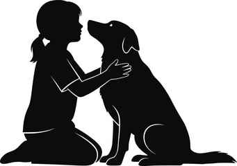 Child and dog bonding silhouette illustration, black affectionate interaction pose, pet companionship and emotional connection concept graphic