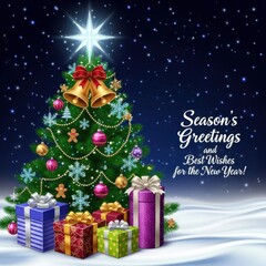 Festive christmas tree with gifts and star on top in night sky