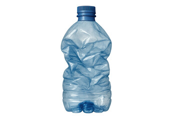 Crushed blue plastic bottle representing pollution and waste, ready for recycling, on a transparent background