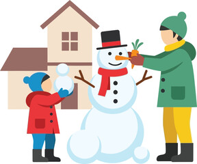 Joyful winter activity children build a snowman together next to a cozy house enjoying a snowy day outside isolated on white background