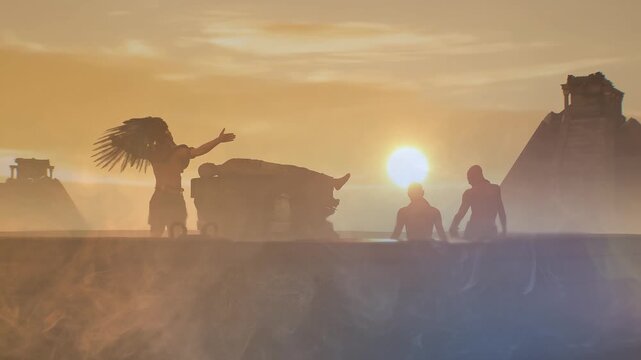 Atstec Maya leader raises his hands in the background of the pyramids at sunset render 3d