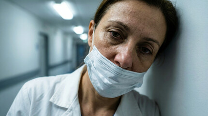Tired female doctor resting against wall in hospital corridor