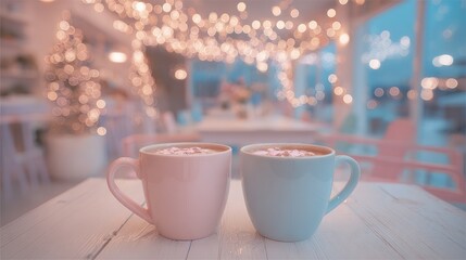 Pink and Blue Mugs with Hot Chocolate on Light Wooden Table in Cozy Winter Caf&Atilde;&copy;