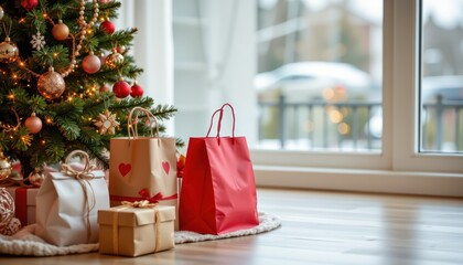 Gift bags placed under Christmas tree, lifestyle photography style, warm cozy Christmas mood, soft natural lighting with copy space for text placement, high resolution detail, no bad hands