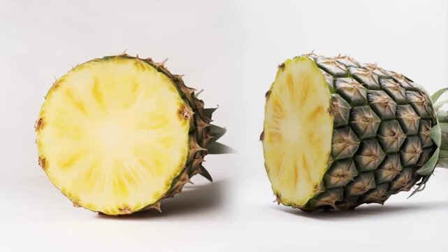 Realistic video of the whole and worst sliced pineapple rotating on a white background
