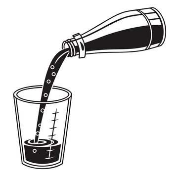 A black and white illustration of dark liquid being poured from a bottle into a measuring cup with markings on the side