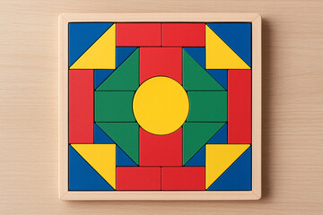 A geometric puzzle board with colorful, symmetrical wooden pieces. A children's educational game.