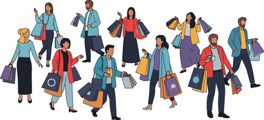 Fototapeta premium Diverse group of shoppers carrying bags celebrating consumerism and retail therapy with vibrant outfits and accessories isolated on white background